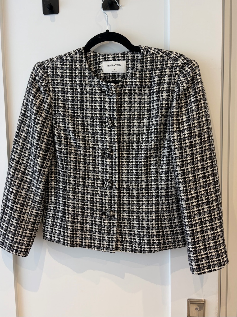 Babaton Black & White Tweed Collarless Blazer